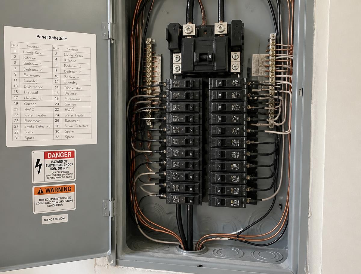 Residential electrical breaker panel with labeled circuits